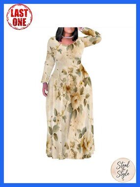 Plus Size Maxi Dress Long Sleeve Crew Neck Casual Fall Dress with Pockets